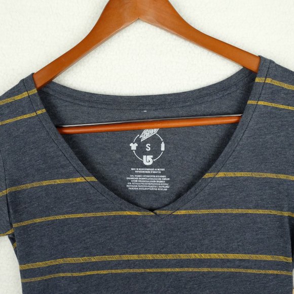 Mtn Dew Womens Shirt Top Small Gray Yellow Stripes V Neck Recycled Stretch - Picture 2 of 11